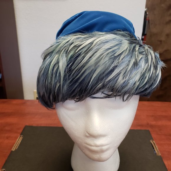 Vintage Blue Velvet with Feathers Turban Style Hat
